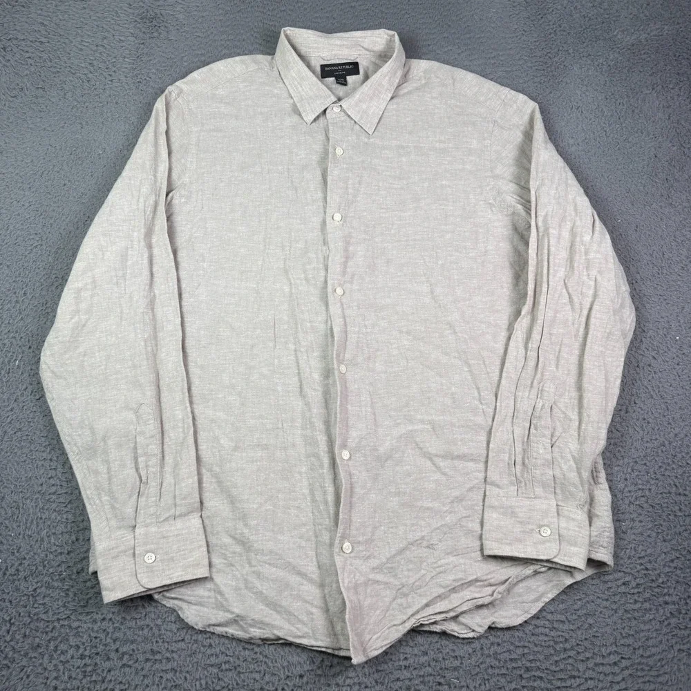 Banana Republic Shirt Mens 2XL Beige Long Sleeve Linen Blend Button Up Summer